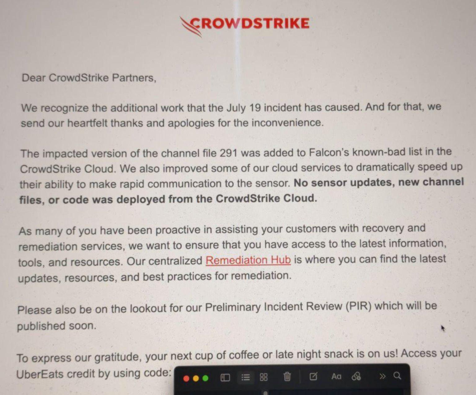 企业蒙受巨额损失 向受灾客户发放 美元礼品卡 10 CrowdStrike